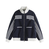 Unisex Baseball Jersey Striped Jacket Autumn Vintage Cardigan Jacket Stand-Up Sweater