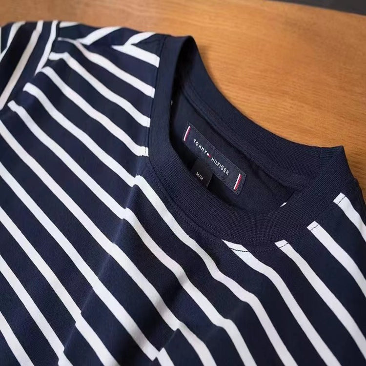 Tommy T Shirts Tommy Fashion Striped Yarn-Dyed Stitching Fabric round Neck Short Sleeve T-shirt
