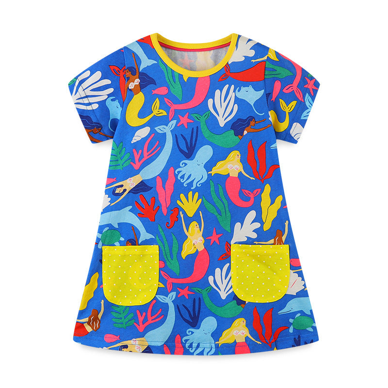 Girl Dress Summer Girls' Dress Princess Dress Knitted Cotton Cartoon Printed Short Sleeve