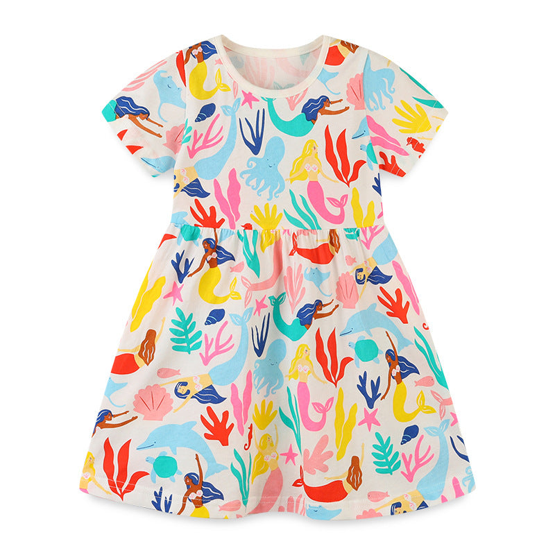 Girl Dress Summer Girls' Dress Cartoon Printed Princess Dress Knitted Cotton round Neck