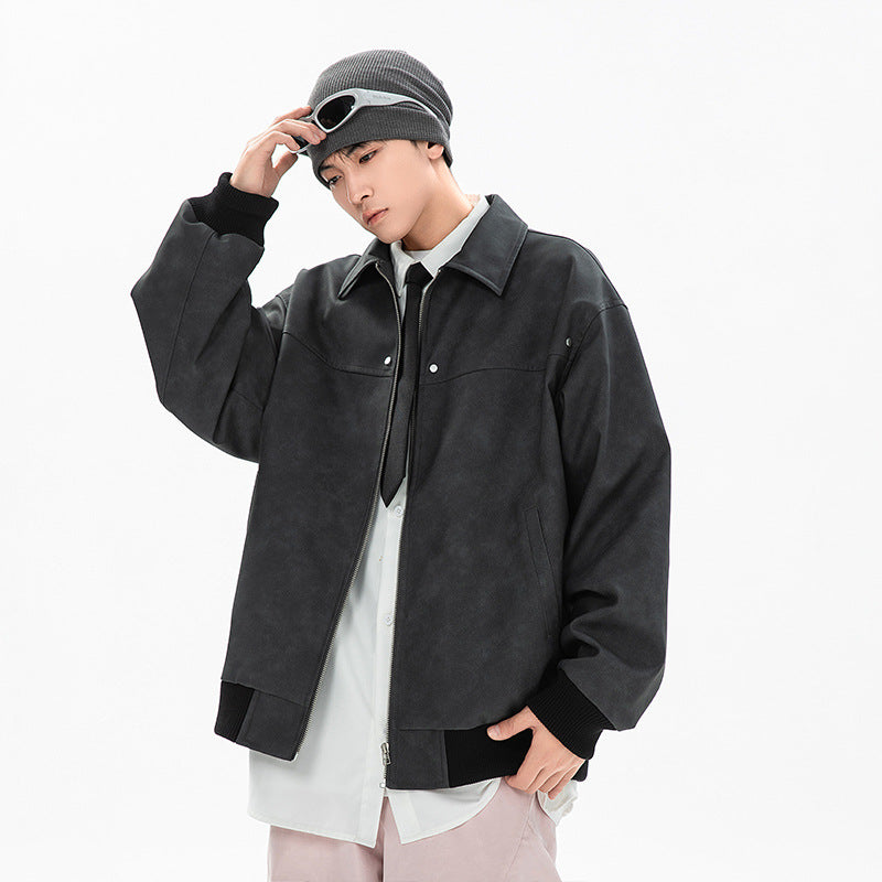 Unisex Baseball Jersey Vintage Lapel Leather Jacket Loose Pu Leather Casual Jacket