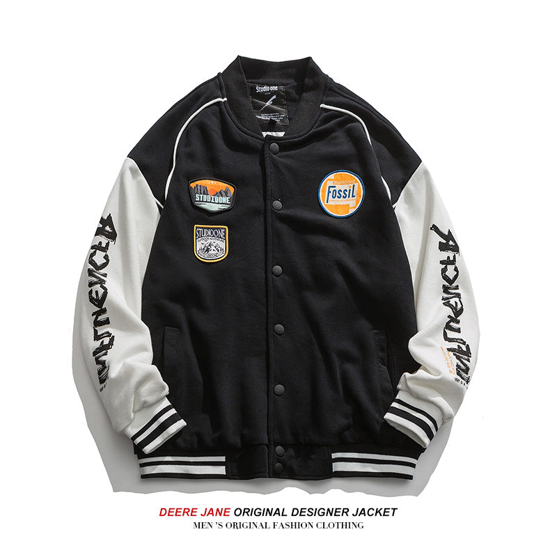 Men Baseball Jacket Fall Color-Blocking Baseball Uniform Loose All-Matching Couple Style