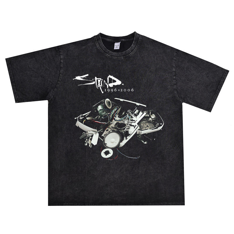 Rock Star T Shirt Staind Metal Band Pure Cotton Washed Distressed T-shirt Short Sleeve Loose Men and Women