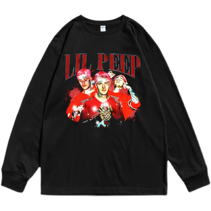 Rock Star T Shirt Rapper Lier Pip Character Street Printing T-shirt Long Sleeve Loose Male