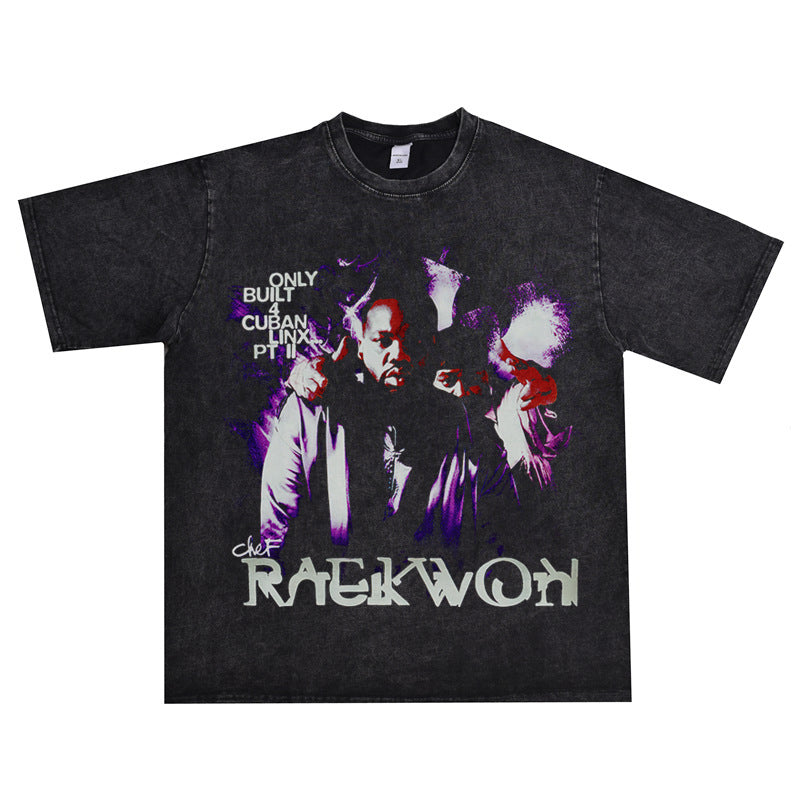 Rock Star T Shirt Raekwon Printed T-shirt Short Sleeve Loose Washed-out Distressed Men and Women