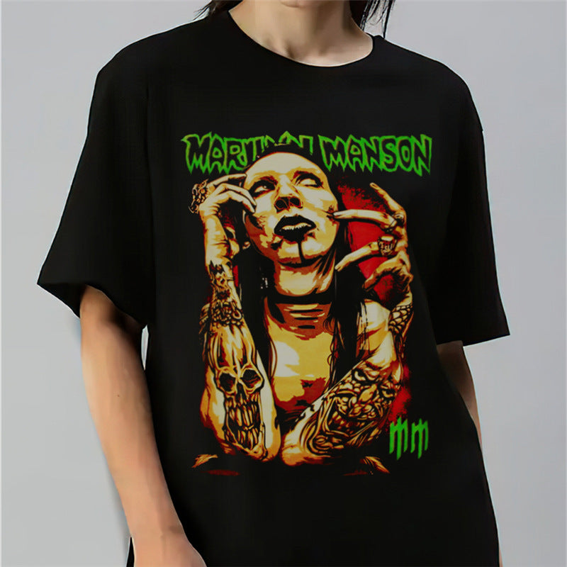 Rock Star T Shirt Printed Short Sleeve T-shirt Street Loose Cotton Crew Neck