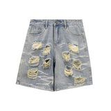 HS jeans Vintage Ripped Denim Shorts with Star Graphic and Distressed Details