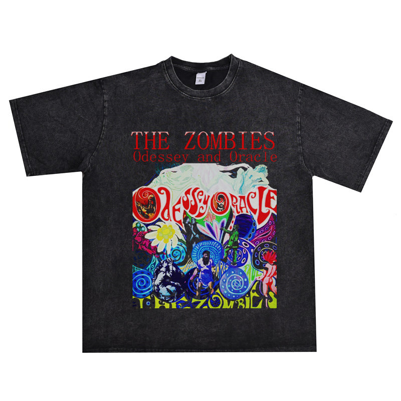Rock Star T Shirt He Zombies Band Washed Distressed T-shirt Men and Women Pure Cotton Loose Short Sleeve