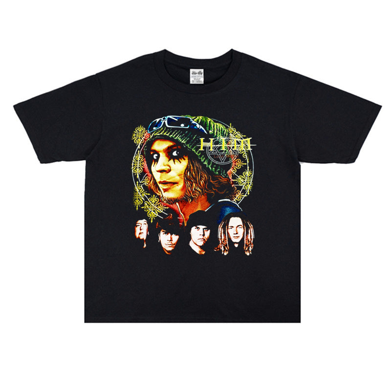 Rock Star T Shirt Himle Team Short Sleeve T-shirt round Neck Loose Cotton Men and Women