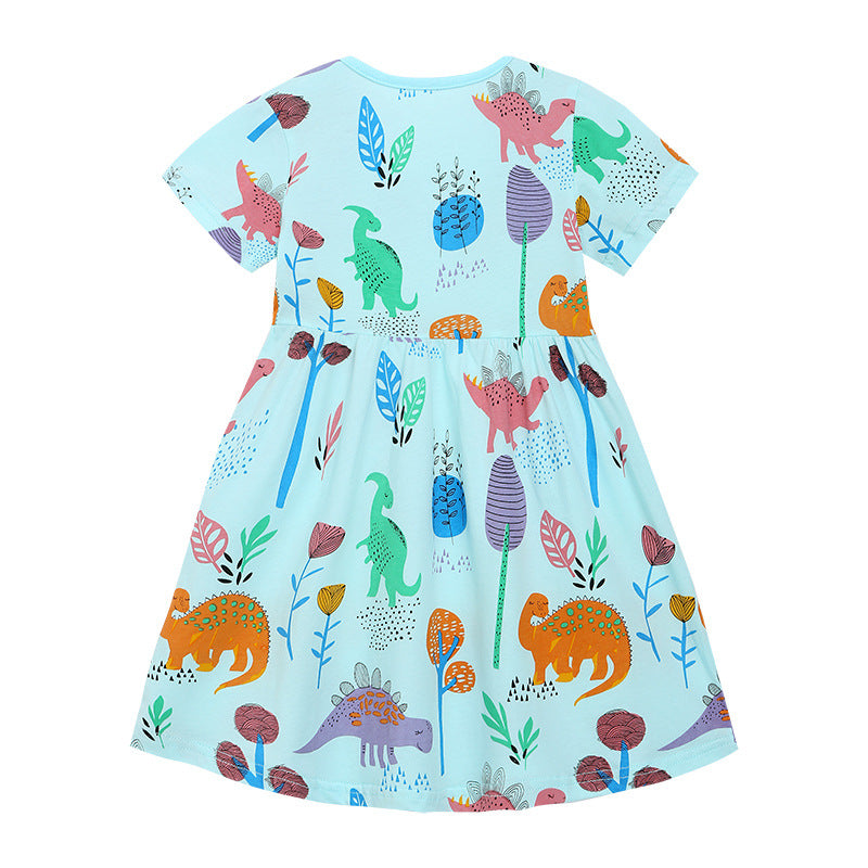Girl Dress Children's Summer Clothing Dress Girls Fashion Princess Dress Cartoon Printed Knitted Cotton Short Sleeve