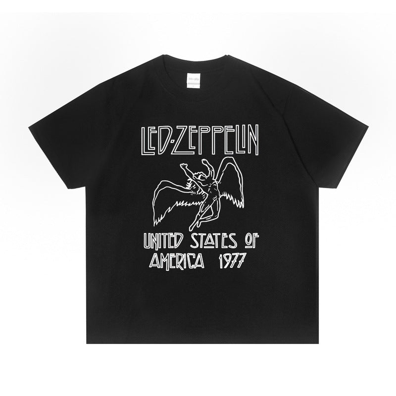 Rock Star T Shirt Zeppelin Airship Rock Team Washed Distressed T-shirt Loose Short Sleeve Men