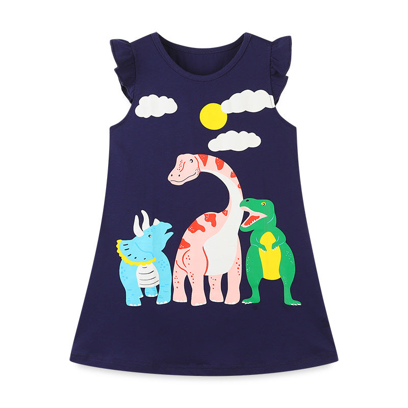 Girl Dress Children's Summer Clothing Skirt Knitted Cotton Girl Vest Dress Cartoon Fashion round Neck