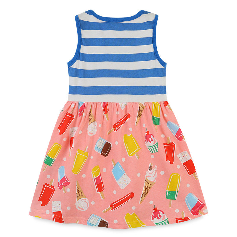 Girl Dress Summer Girls' Dress Plaid Knitted Cotton Cartoon Printed Striped Vest Children Shirt