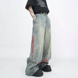 Unisex Jeans Striped Splicing Old Jeans Loose Versatile Casual