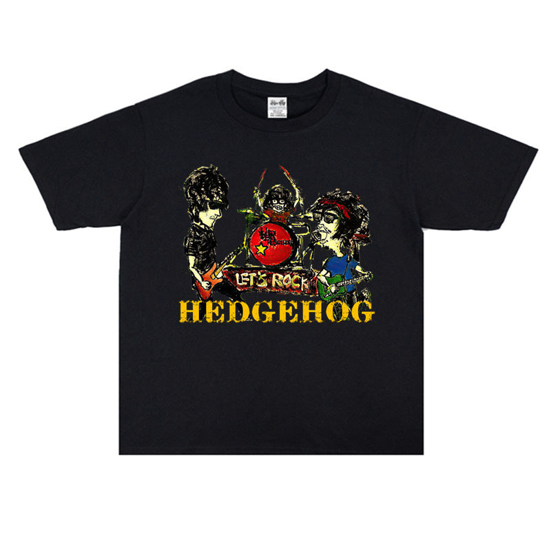 Rock Star T Shirt Hedgehog Band T-shirt Short Sleeve round Neck Men and Women Retro Distressed
