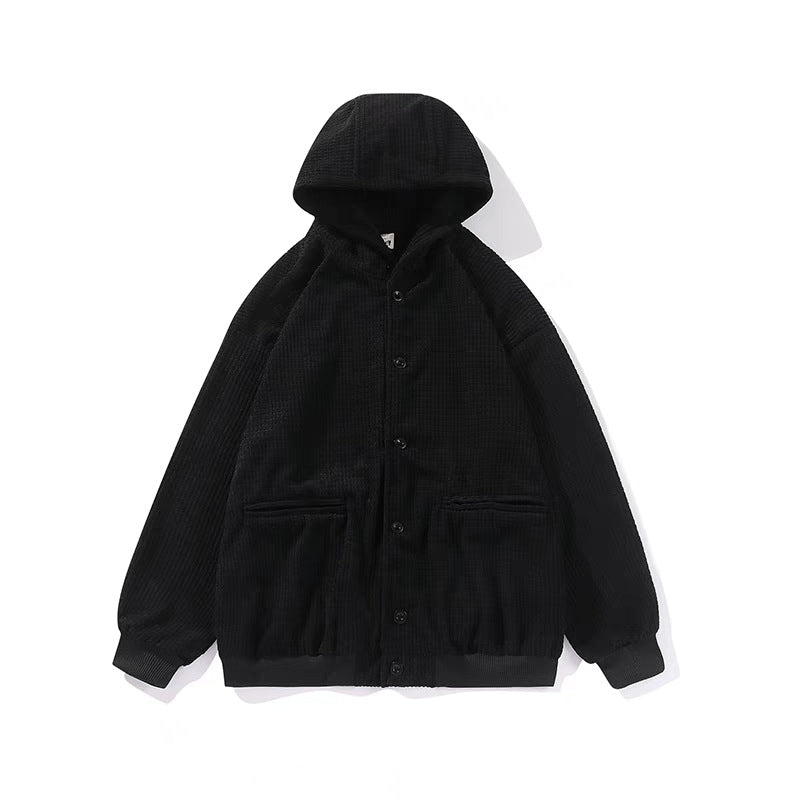 Unisex Baseball Jersey Fall/Winter Vintage Hooded Waffle Cardigan Sweater