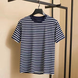 Tommy T Shirts Tommy Summer Simple Fashion round Neck Striped Yarn-Dyed Stitching T-shirt