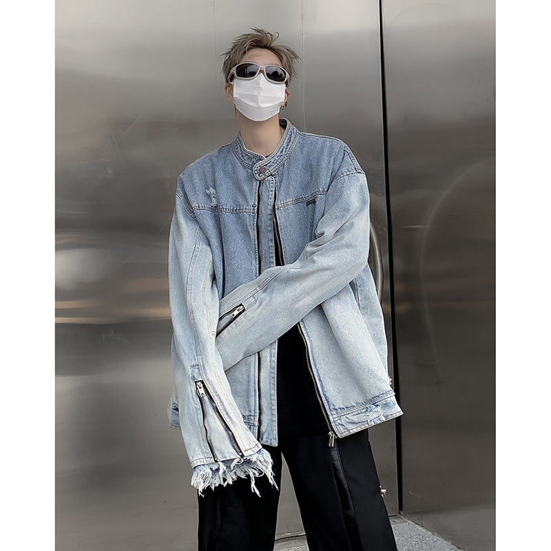 Unisex Baseball Jersey Washed Old Denim Jacket