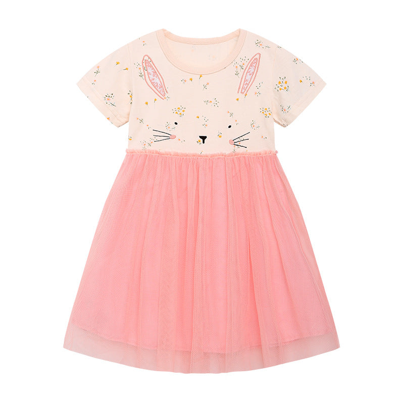 Girl Dress Children Shirt Summer Girls' Dress Cartoon Embroidered Mesh Princess Dress Cute
