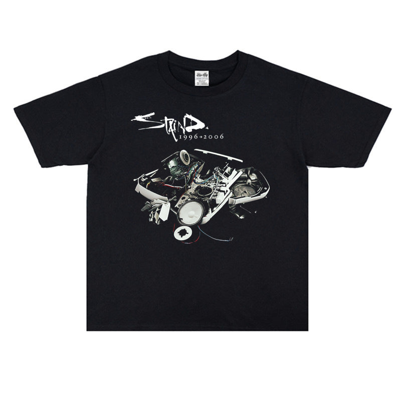 Rock Star T Shirt Staind Metal Band Pure Cotton Washed Distressed T-shirt Short Sleeve Loose Men and Women