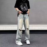 Unisex Jeans American Retro Ripped Jeans Straight Wide Leg Pants