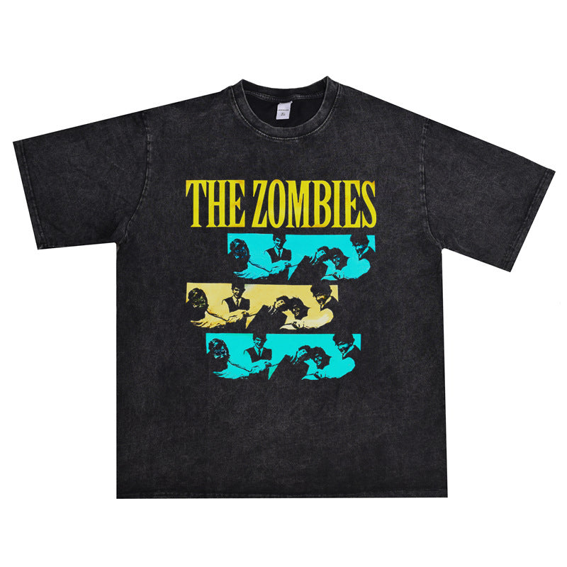 Rock Star T Shirt He Zombies Band Washed Distressed T-shirt Men and Women Pure Cotton Loose Short Sleeve