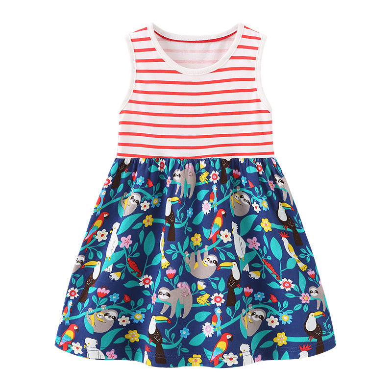 Girl Dress Girls' Summer Knitted Cotton Cartoon Printed Princess Dress Children round Neck