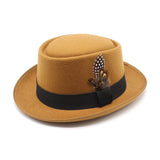Walter White Hats British Autumn Winter Retro Versatile Fedora Hat Flat Top Woolen Feather French Top Hat
