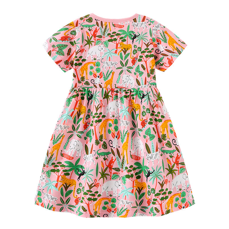 Girl Dress Girls' Summer Knitted Cotton Cartoon Printed Short Sleeve Princess Dress round Neck Dress