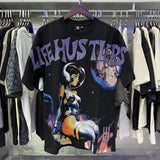 Meichao life husters masked tattoo angel print hotfix rhinestone lettering oversized casual short sleeve t-shirt