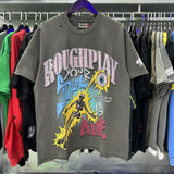 High street style roughplay gorilla print tee - distressed ripped faux layered short sleeve - american retro trend