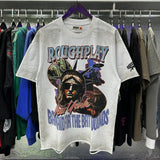 American retro style roughplay jesus faux two-piece long sleeve sweatshirt - skull rock washed distressed ripped