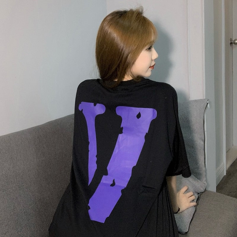 Wang yibo lne short-sleeved big v reflective hot diamond devil angel couple outfit loose