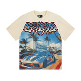 Cross-border gs american high street washed retro skull racing machine girl printing short-sleeved fashion