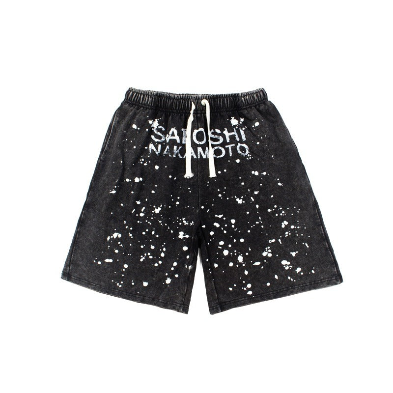 Hip-hop shorts american high street splash ink retroletter washed distressed half length pants shorts ins summer pants trendy