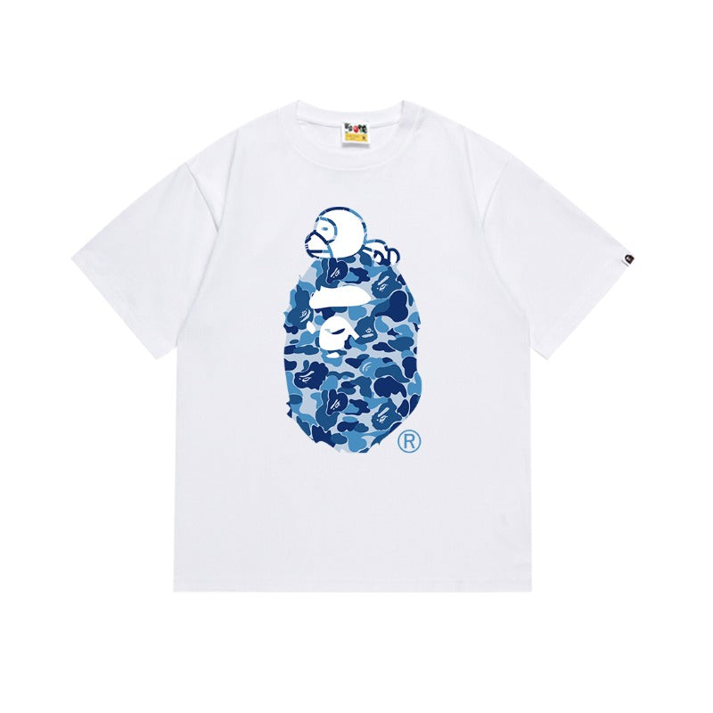 Early spring/summer camo ape head collaboration - little monkey logo print short sleeve couple's trendy tee