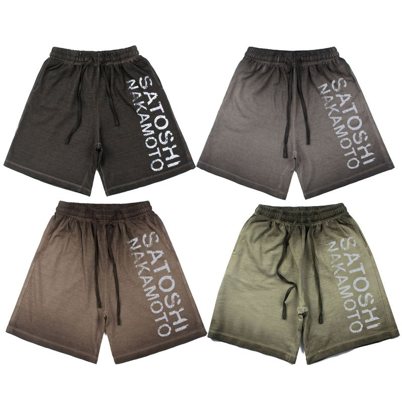 Hip-hop shorts american high street retroletter washed distressed printingshortsins five-quarter pants