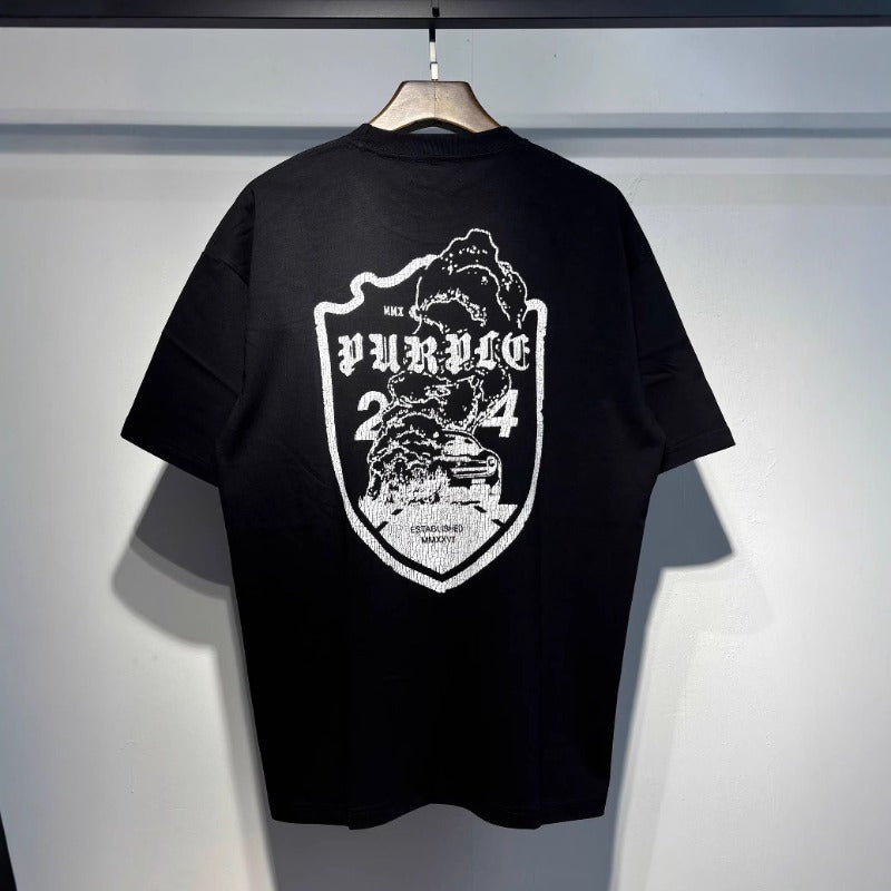 Wholesale american streetwear purple flow paint letter graffiti logo high-quality short-sleeve t-shirt for men and couples