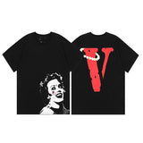 Cross-border supply large v letter lne cherry blossom short half-sleeve sketch embroidery lip print graffiti print short