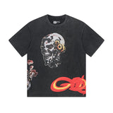Cross-border gs american high street washed retro skull racing machine girl printing short-sleeved fashion