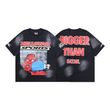Ss american skull washed and distressed letter loose plus size short sleeve streetwear t-shirt - men's trendy style