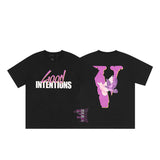 Cross-border supply large v letter lne cherry blossom short half-sleeve sketch embroidery lip print graffiti print short