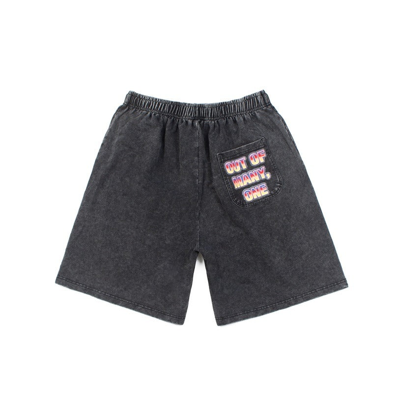 Hip-hop shorts american high street retro fallen statue of liberty washed distressed street trendy shorts hip-hop half length pants