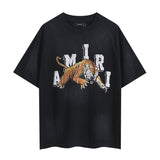 amri washed distressed tiger head number & letter logo short sleeve t-shirt