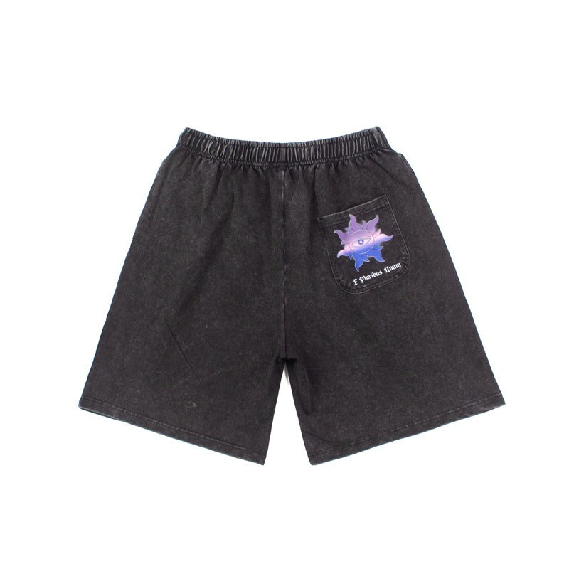 Hip-hop shorts american high street niche style alien flying saucer printing washed distressed loosecasual shorts half length pants