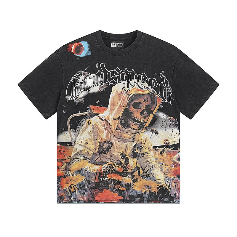 Cross-border gs american high street washed retro skull racing machine girl printing short-sleeved fashion