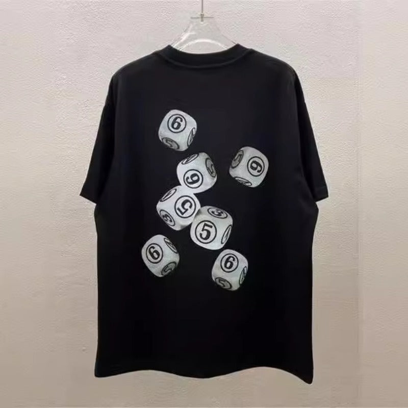 Simple, heavyweight, dice-pattern printed, pure cotton, plus-size short-sleeve t-shirt