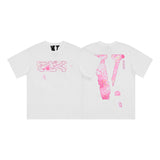 Cross-border supply large v letter lne cherry blossom short half-sleeve sketch embroidery lip print graffiti print short