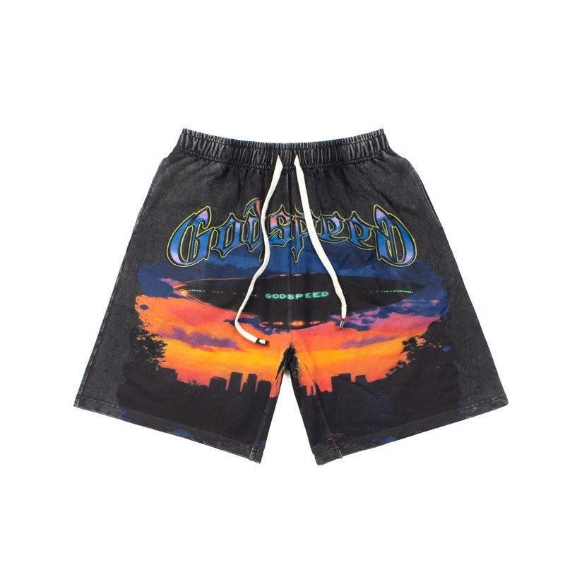 Hip-hop shorts american high street niche style alien flying saucer printing washed distressed loosecasual shorts half length pants
