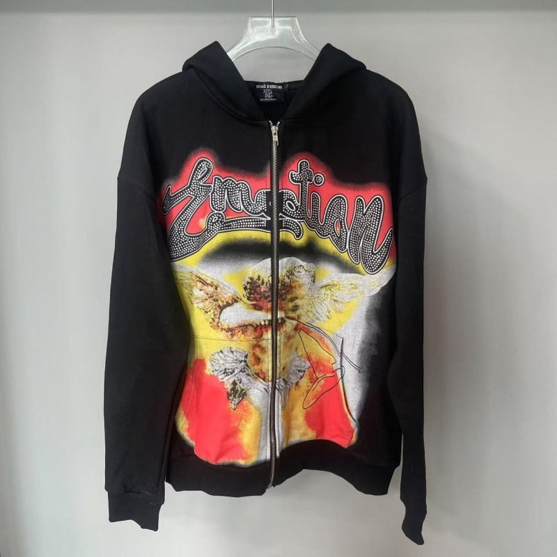Wholesale american streetwear mixed emotion hotfix rhinestone print short sleeve t-shirt, hoodie, sweatpants, and jacket set